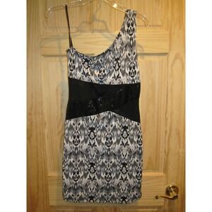 NEW‎ DEB One Shoulder Animal Print White Black Gray Short Dress Sexy Small Tulle